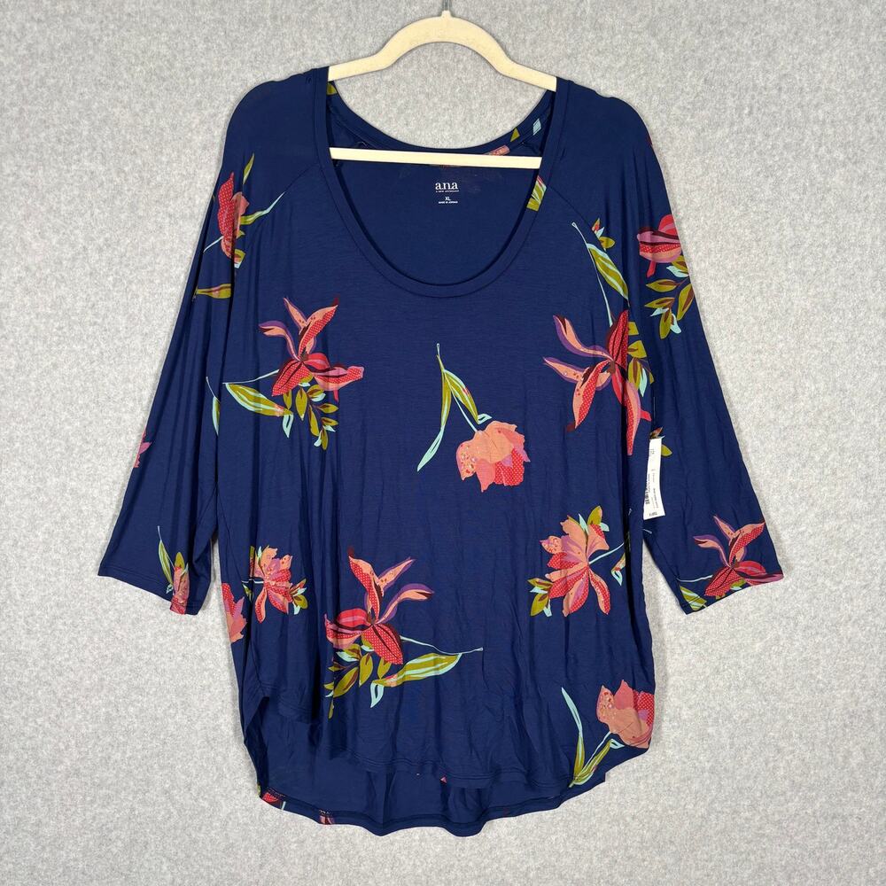 Ana Tunic Top XL Navy Floral Jersey Loose Flowy Thin Shirt Blouse Career‎ Church